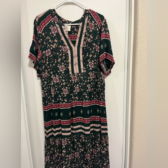 Knox Rose Dress Womens Medium Green Floral Maxi Short Sleeve V-Neck Smocked Boho - Picture 3 of 7